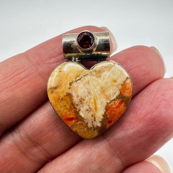 Heart shaped coral jasper and spessartite garnet in solid 925 pendant/slide! - Picture 7 of 11